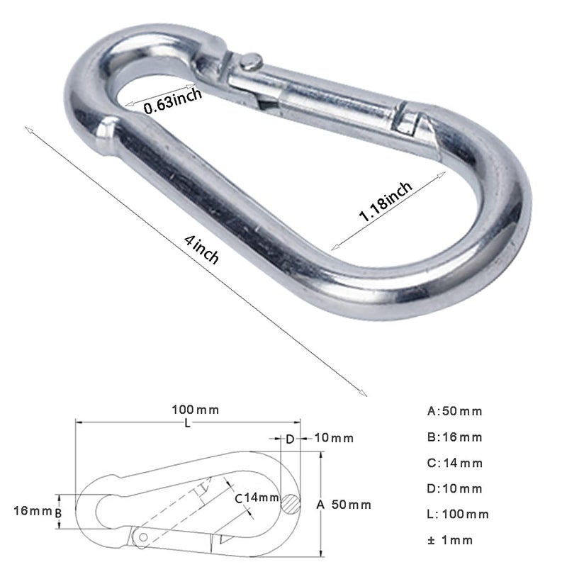 OWAYOTO Carabiner Clip 4 Inch Spring Snap Hook Heavy Duty 2pcs 10x100mm for Hammock Punching Bags Swing Chairs Gym Equipment Camping Hiking - Image 2